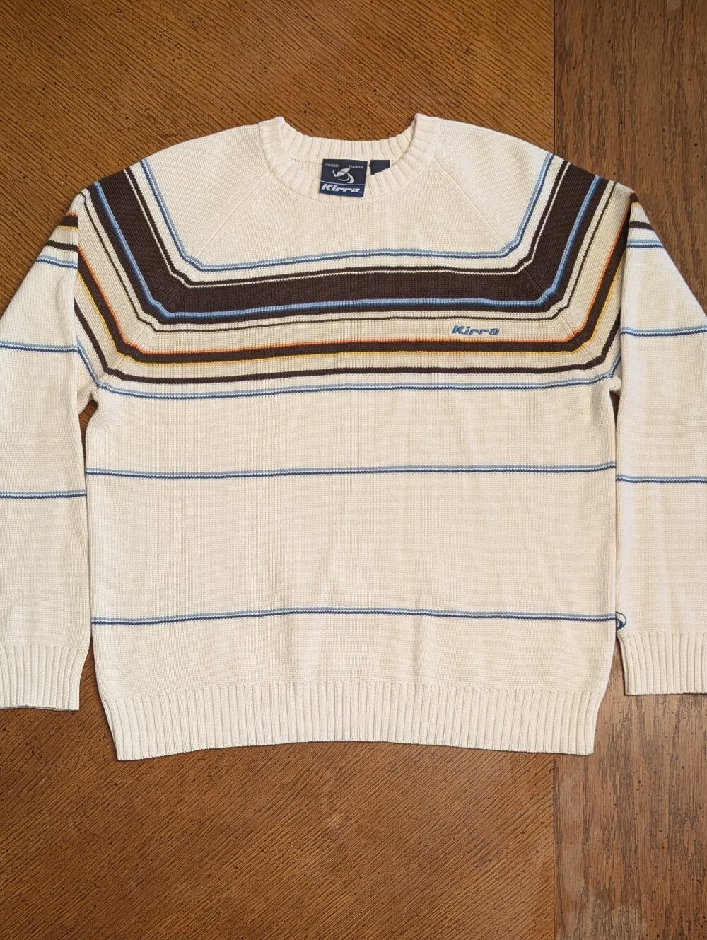Kirra Cream Crewneck Sweater with Brown and Blue Stripes